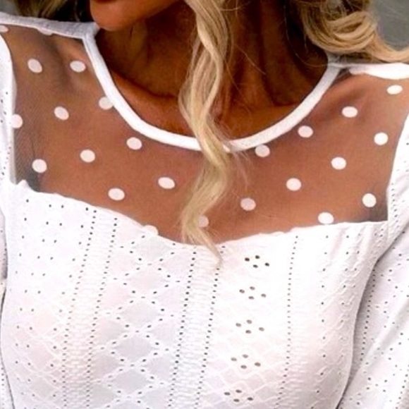 White Eyelet Embroidered Polkadot Mesh Top - Picture 2 of 8